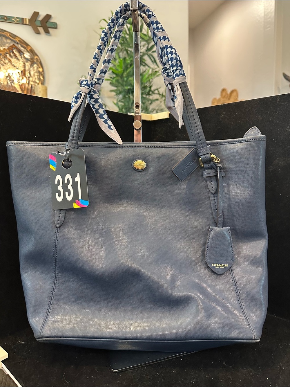 Coach #331 Payton Saffiano Navy Leather Tote with Patterned Scarf-Wrapped Handle